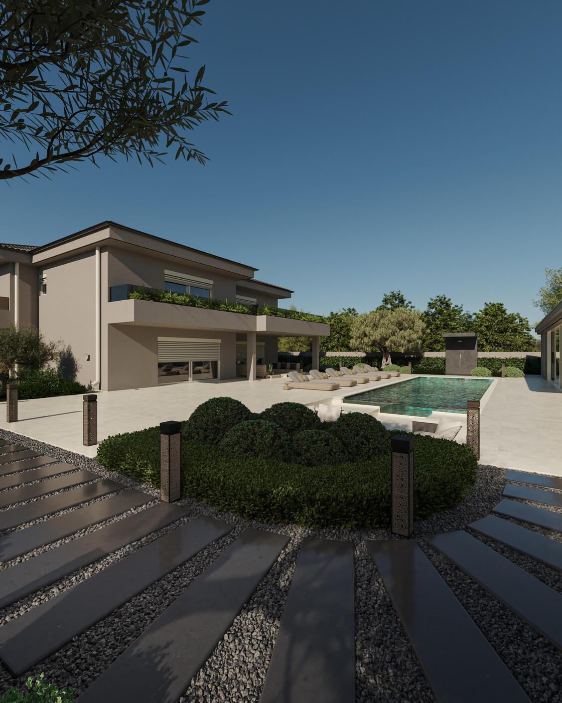 Untitled Photorealistic 3D exterior render of a modern house with large windows and landscaped yard