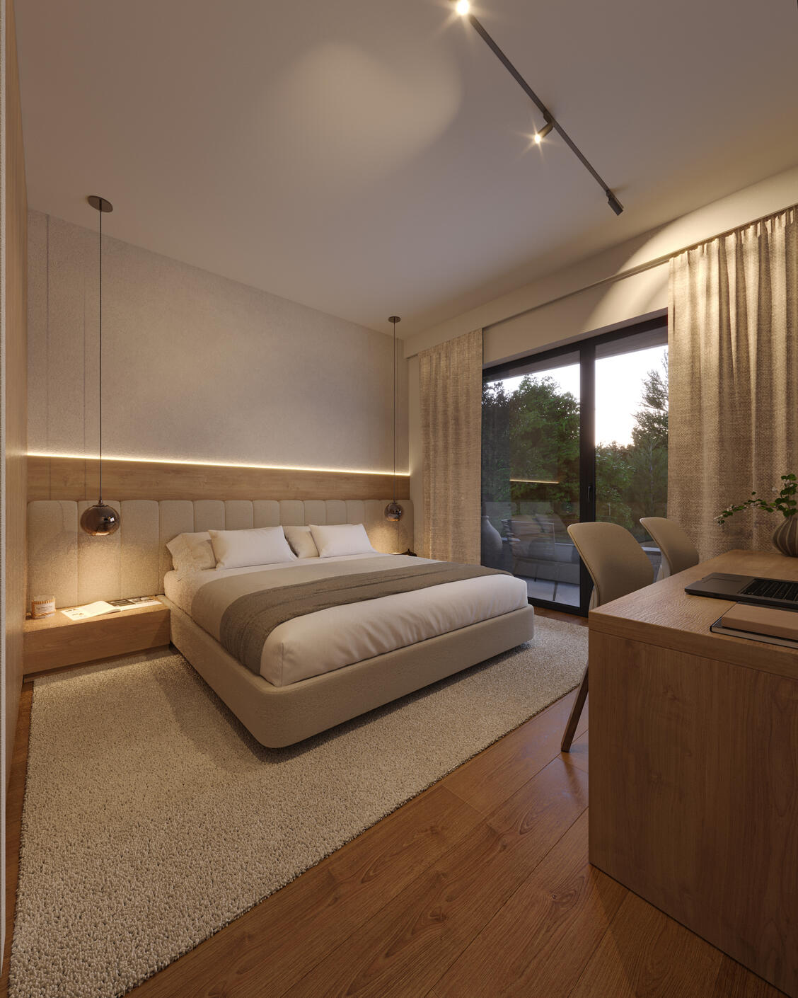 Untitled 3D Interior Night Render of a modern luxury bedroom in neutral colors, wooden floor, floor to ceiling glass window