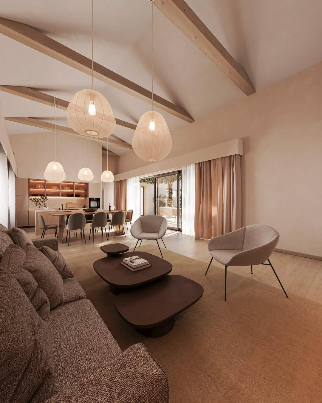 Untitled Photorealistic 3D Interior Visualization of a modern open space in neutral colors with high ceiling and floor to ceiling glass doors