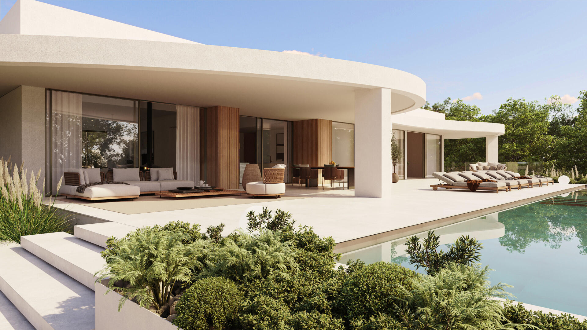 Untitled 3D Architectural Visualization of a modern rounded house with swimming pool and expansive terrace