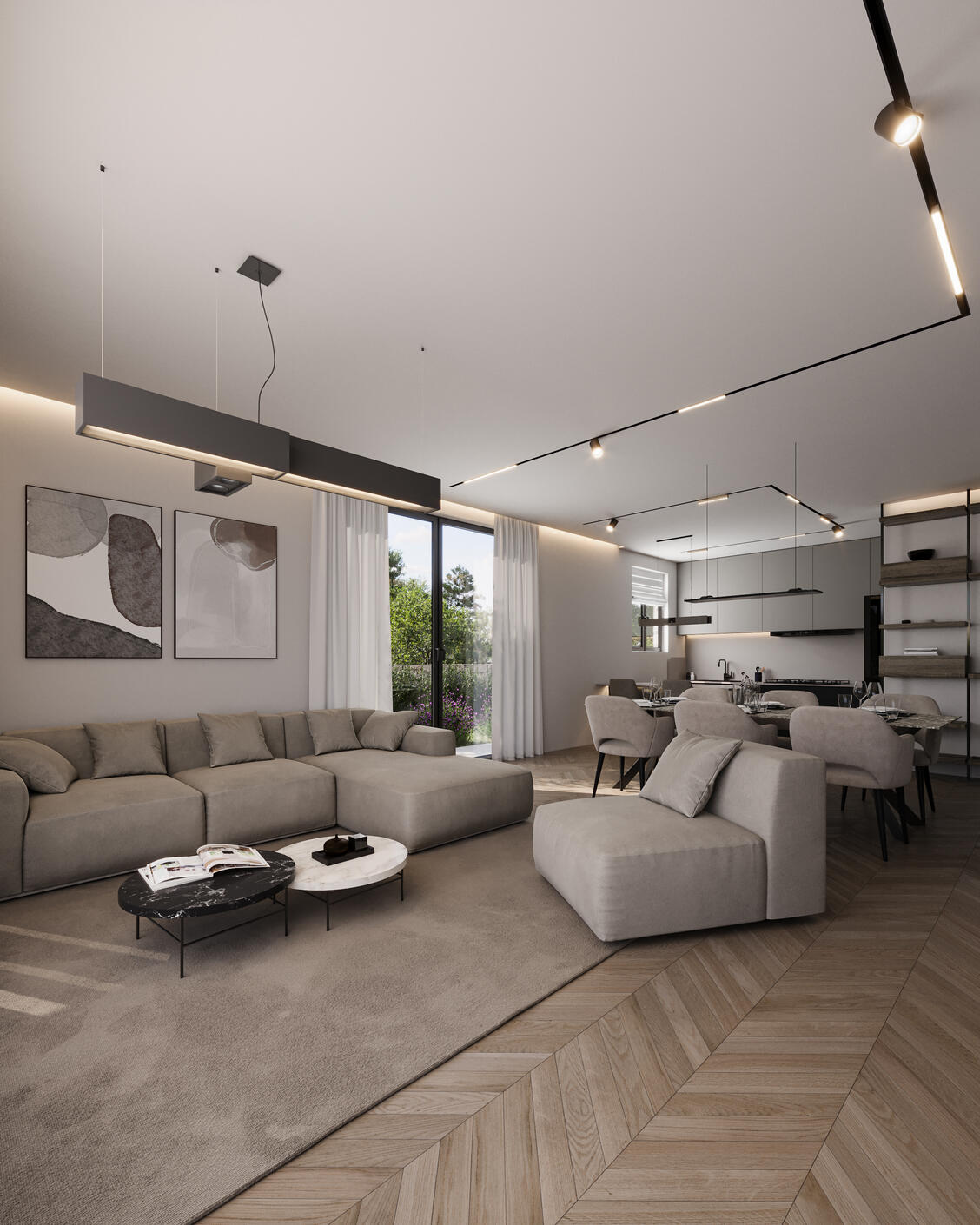 Untitled Photorealistic 3D Interior Visualization of a modern open space in neutral colors and sliding glass doors