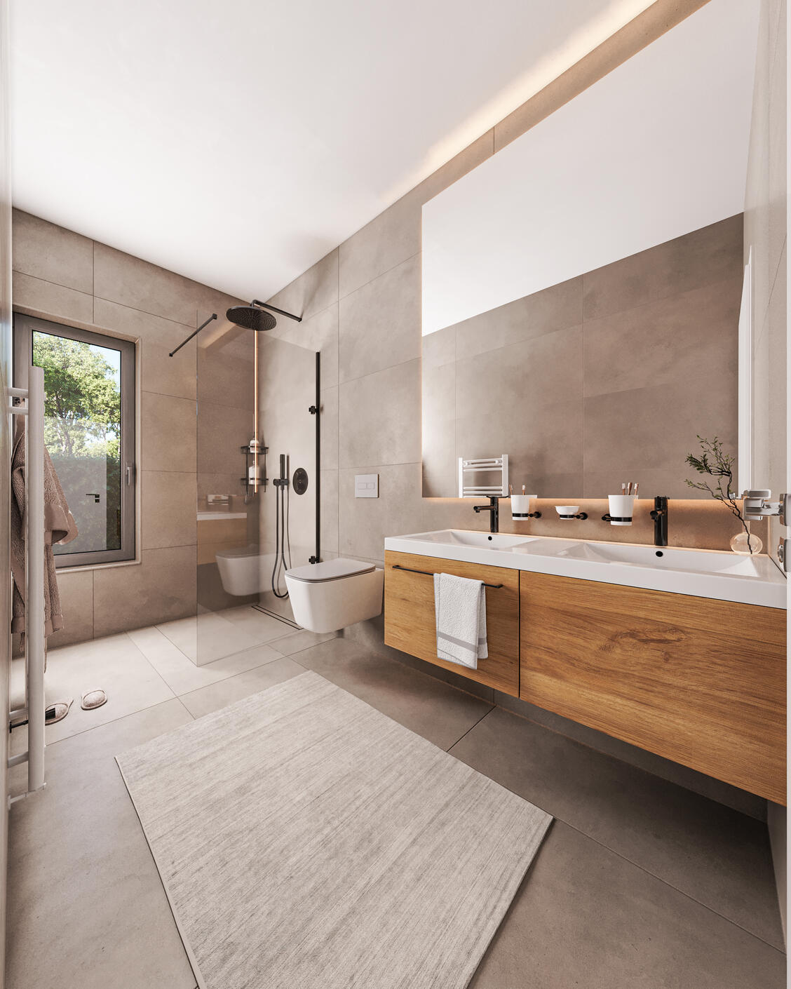 Untitled 3D Interior Visualization of A Luxury Bathroom with shower area and grey tiles and oak wood cabinet