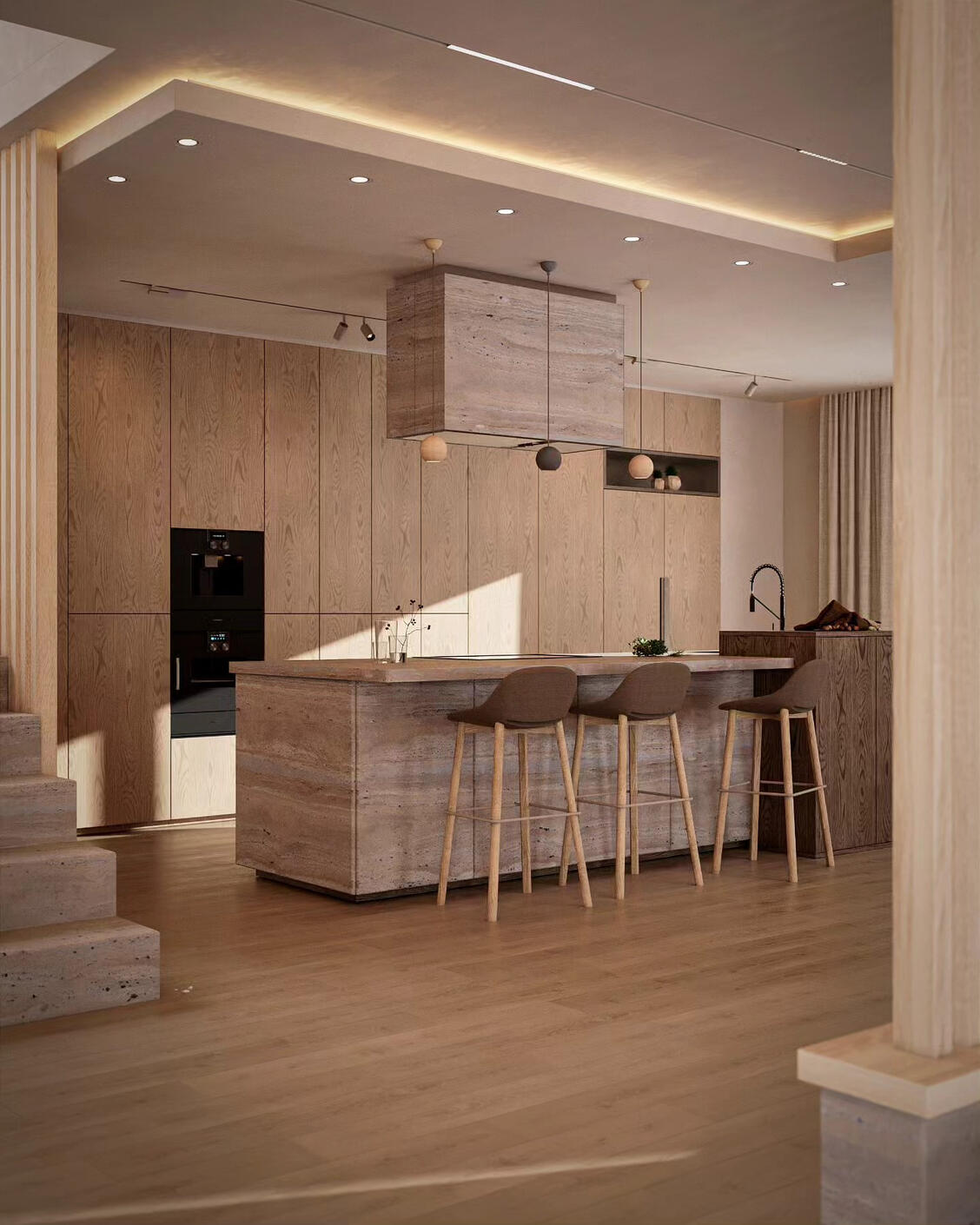 Untitled 3D Interior visualization of a modern luxury high end kitchen in neutral colors with wooden floor and furniture and travertine island