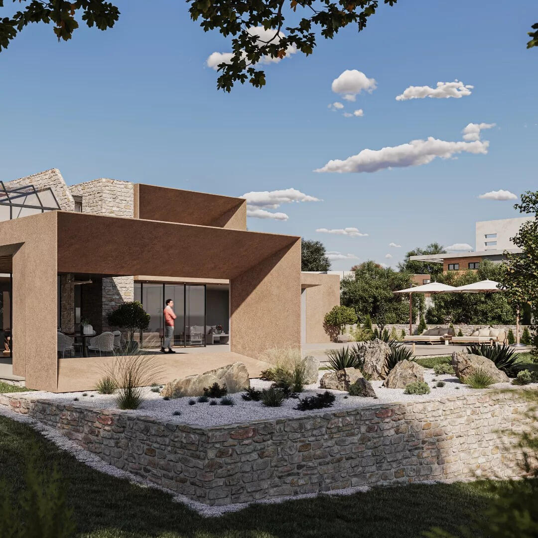 High-quality Exterior 3D visualization of a modern house in orange facade and stone details