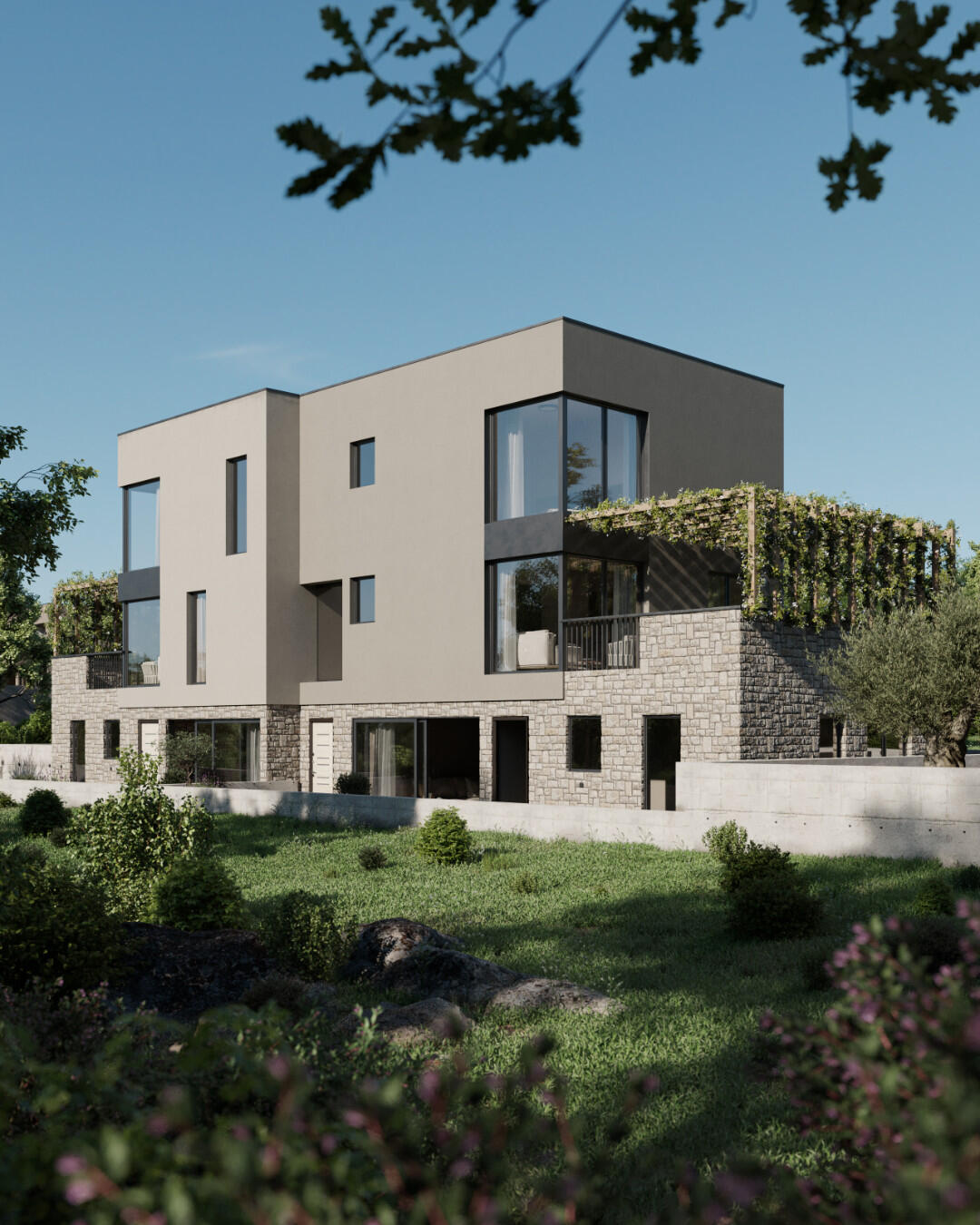 Untitled High-quality 3D exterior render of a Luxury residential building in combination of facade, stone and glass