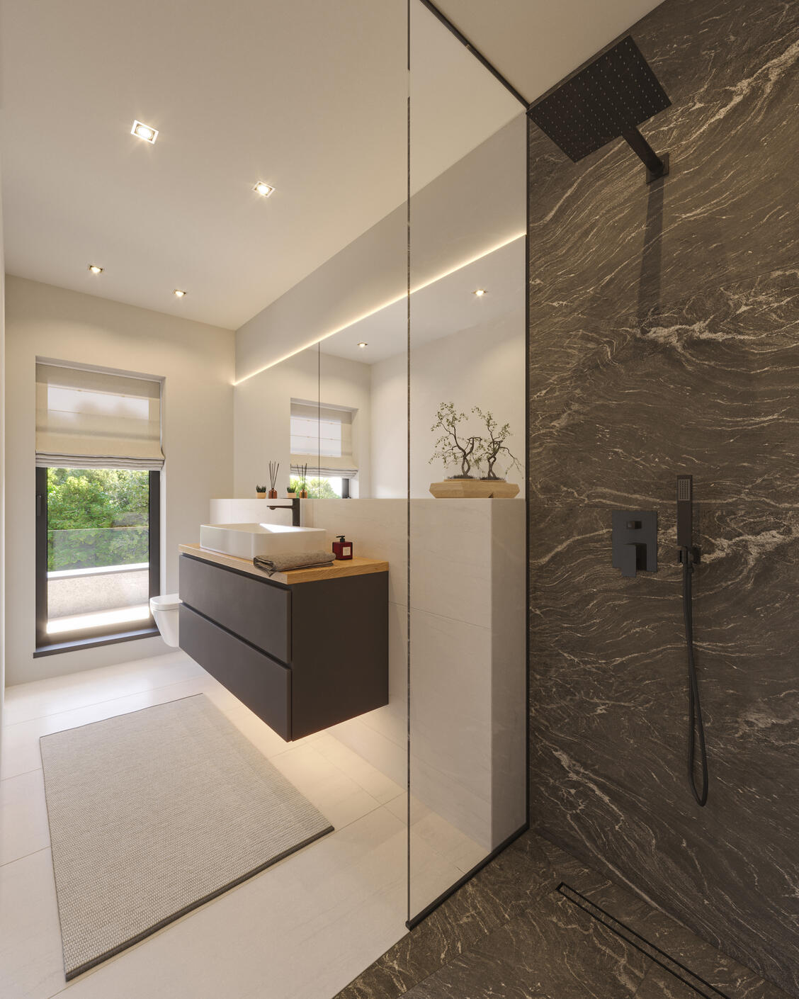 Untitled 3D Interior Render of A Luxury Bathroom with white tiles and black marble with white veins shower area and wooden cabinetry