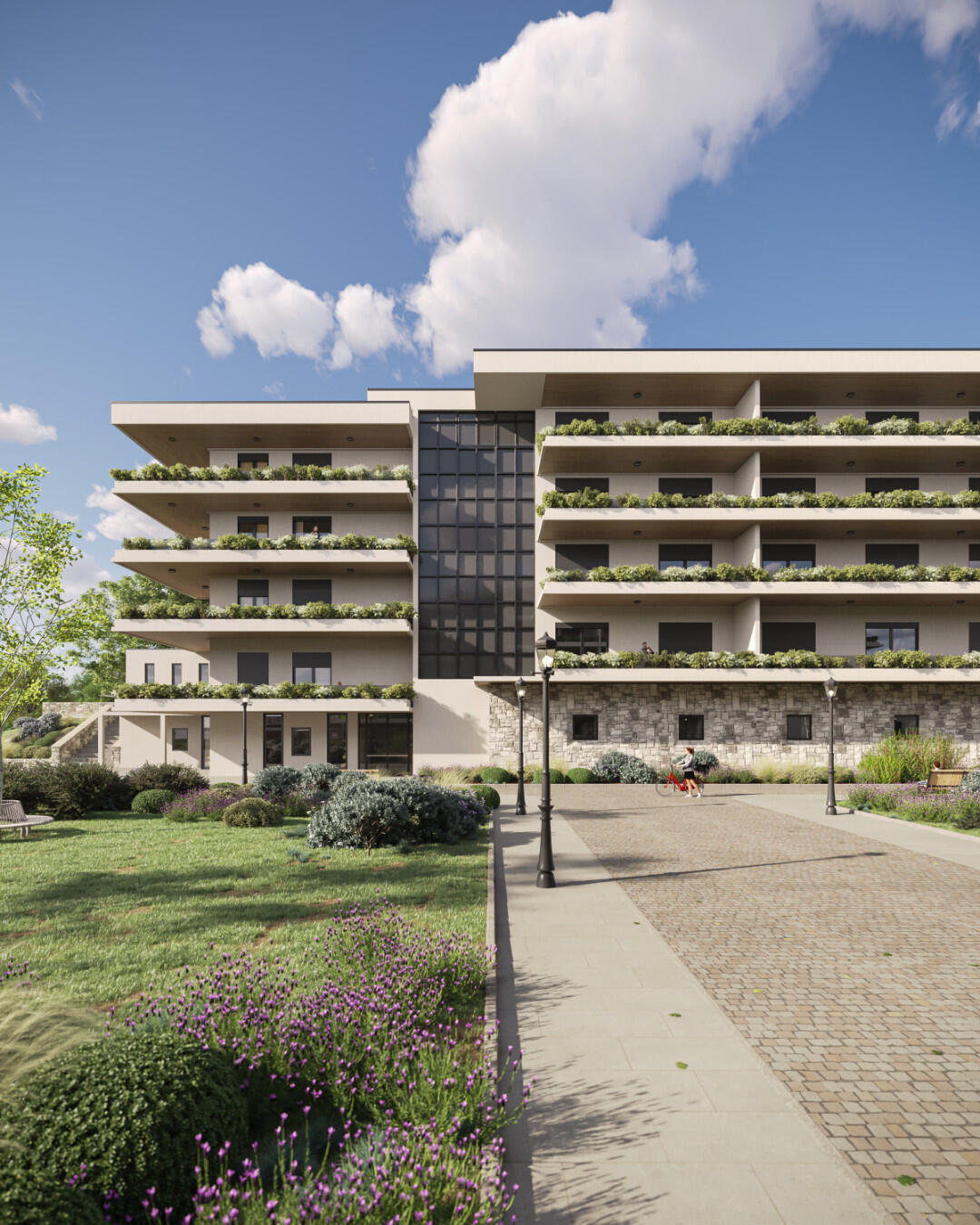 Untitled 3D architectural visualization of a modern apartment building with balconies and urban surroundings