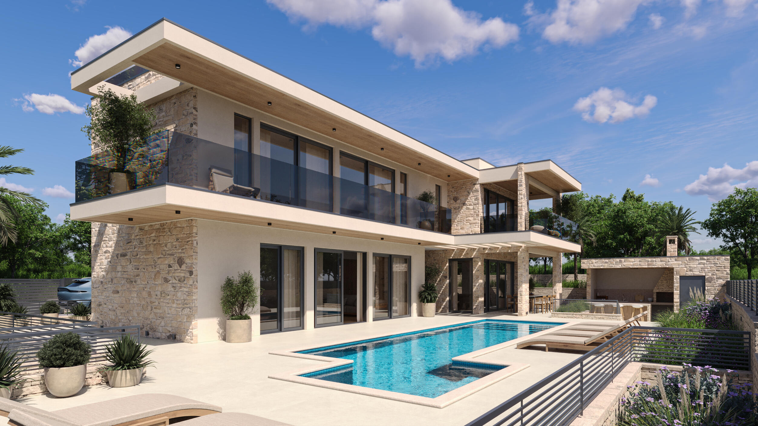 High-quality 3D Render Of A Mediterranean-style Stone Villa With Terrace and Stone Wall Fencing