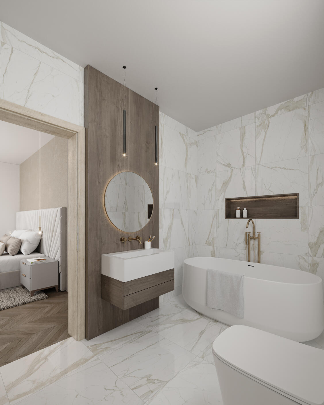Untitled 3D Render of A Luxury Bathroom with white marble tiles and dark oak wood details
