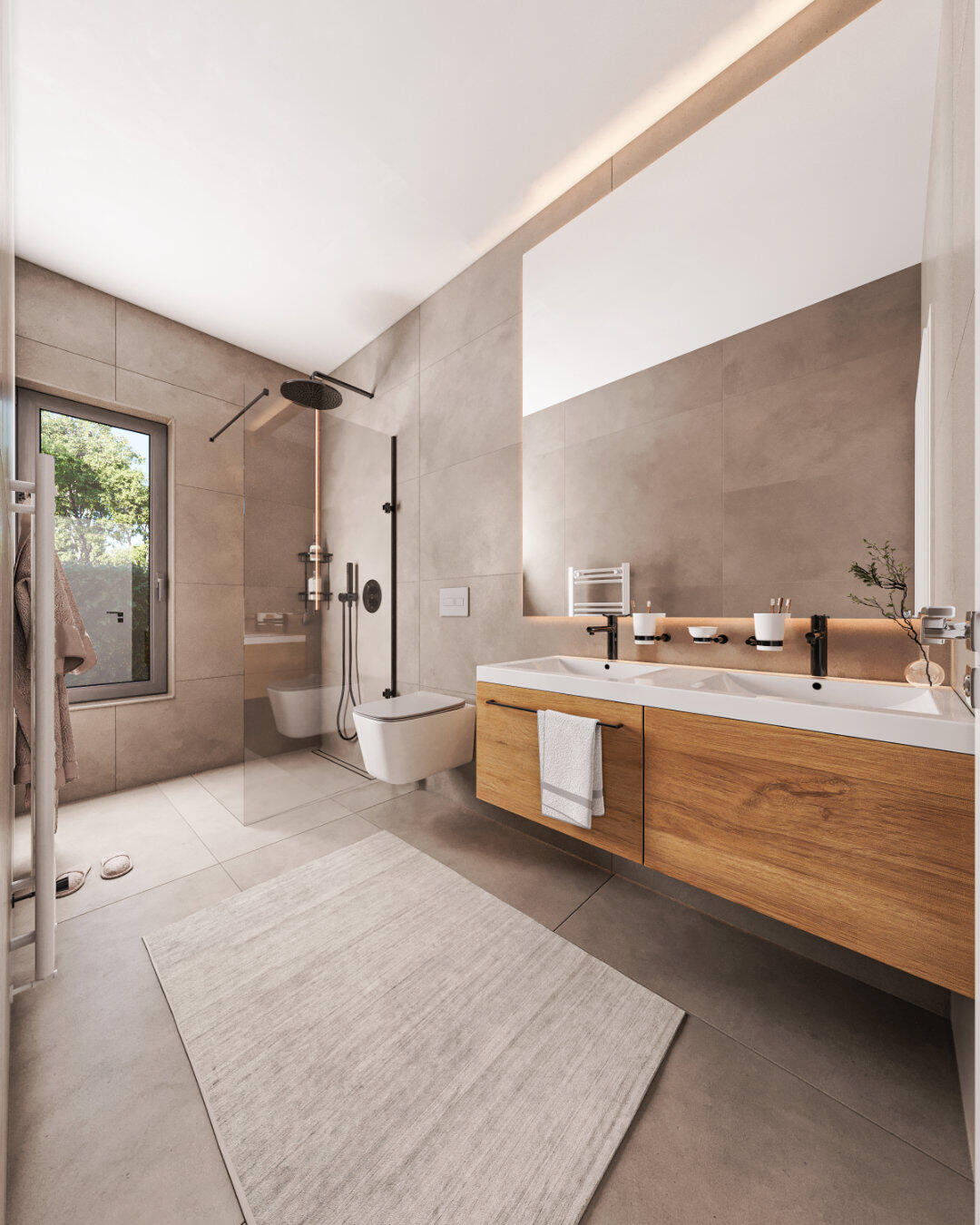 Untitled 3D Interior Visualization of A Luxury Bathroom with shower area and grey tiles and oak wood cabinet