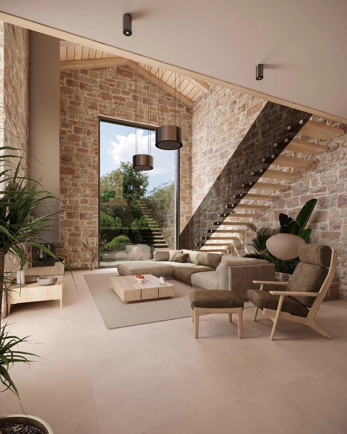 3D Render of a luxury modern scandinavian living room in neutral tones and stone walls