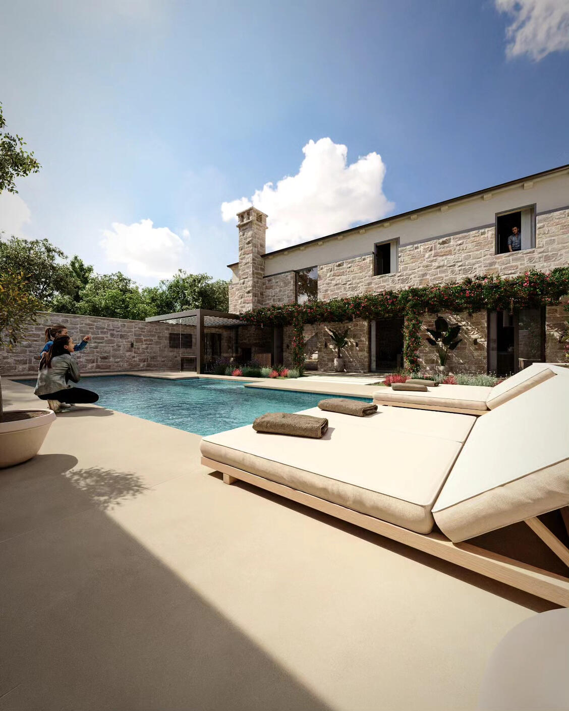 Untitled Photorealistic Exterior 3D Render Of A Stone House With Swimmingpool